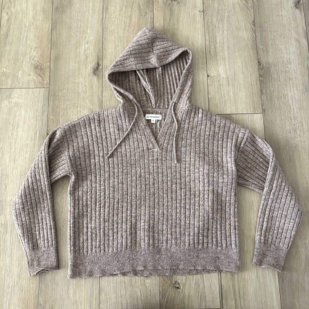 Lucky Brand Brown Ribbed Hooded Sweater Womens Medium V-Neck Knit Pullover